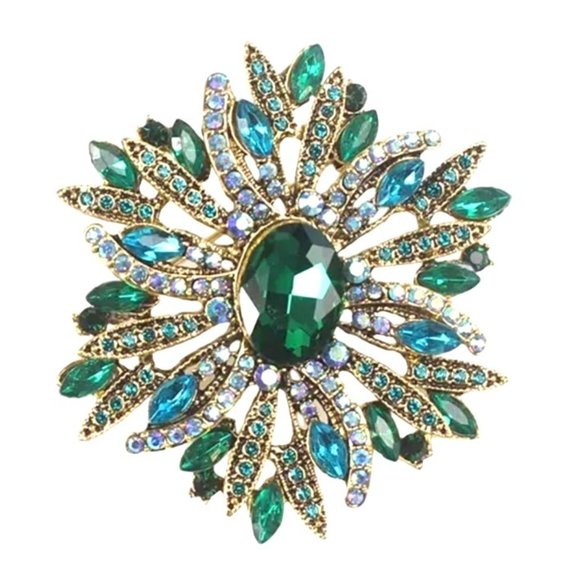 Teal Green Cluster Brooch Crystal Gold Tone - Picture 1 of 1